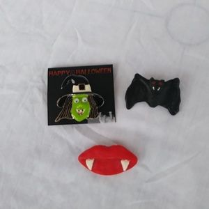 3 HALLOWEEN BROOCHES WITCH, BAT , VAMPIRE LIPS